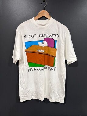 Dilbert White Graphic Tee - "I'm Not Unemployed I'm a Consultant" Large